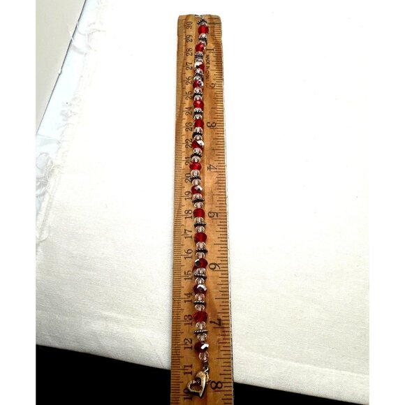 Holiday Elegant Beaded Bracelet Red Clear Heart Clasp Eveningwear Dainty Preppy - Picture 5 of 7